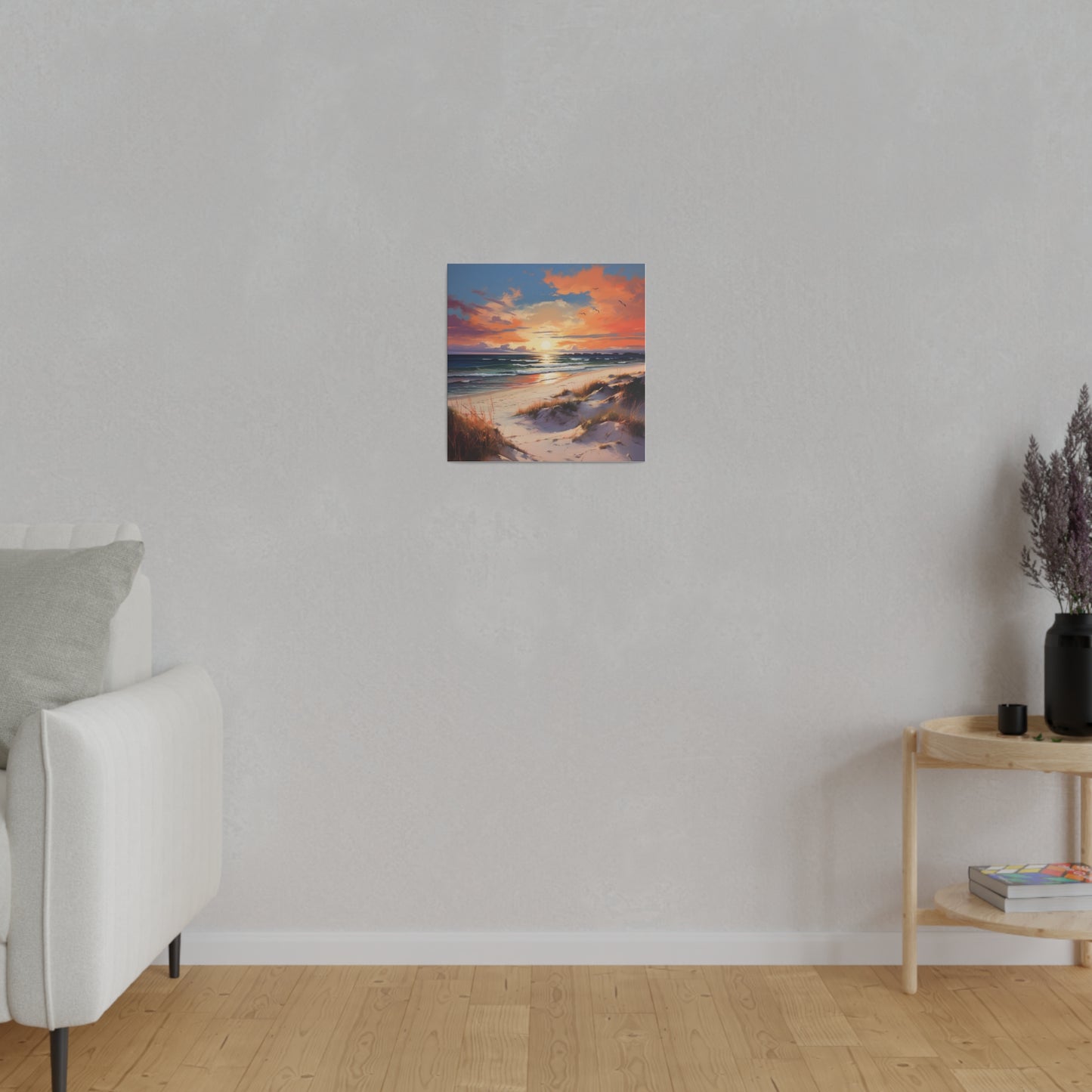 Horizon's Embrace: Sunset Beach, Stretched Matte Canvas