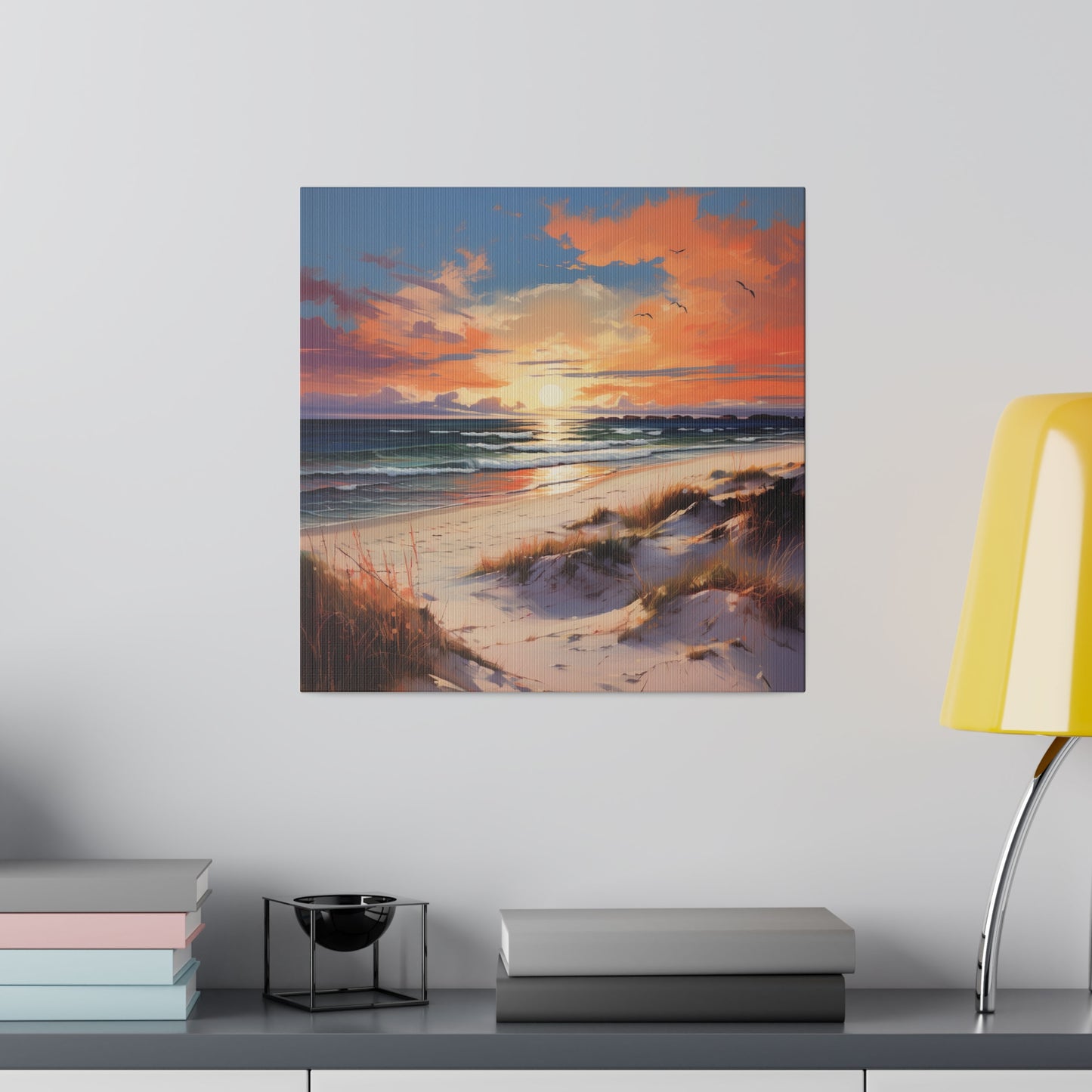 Horizon's Embrace: Sunset Beach, Stretched Matte Canvas