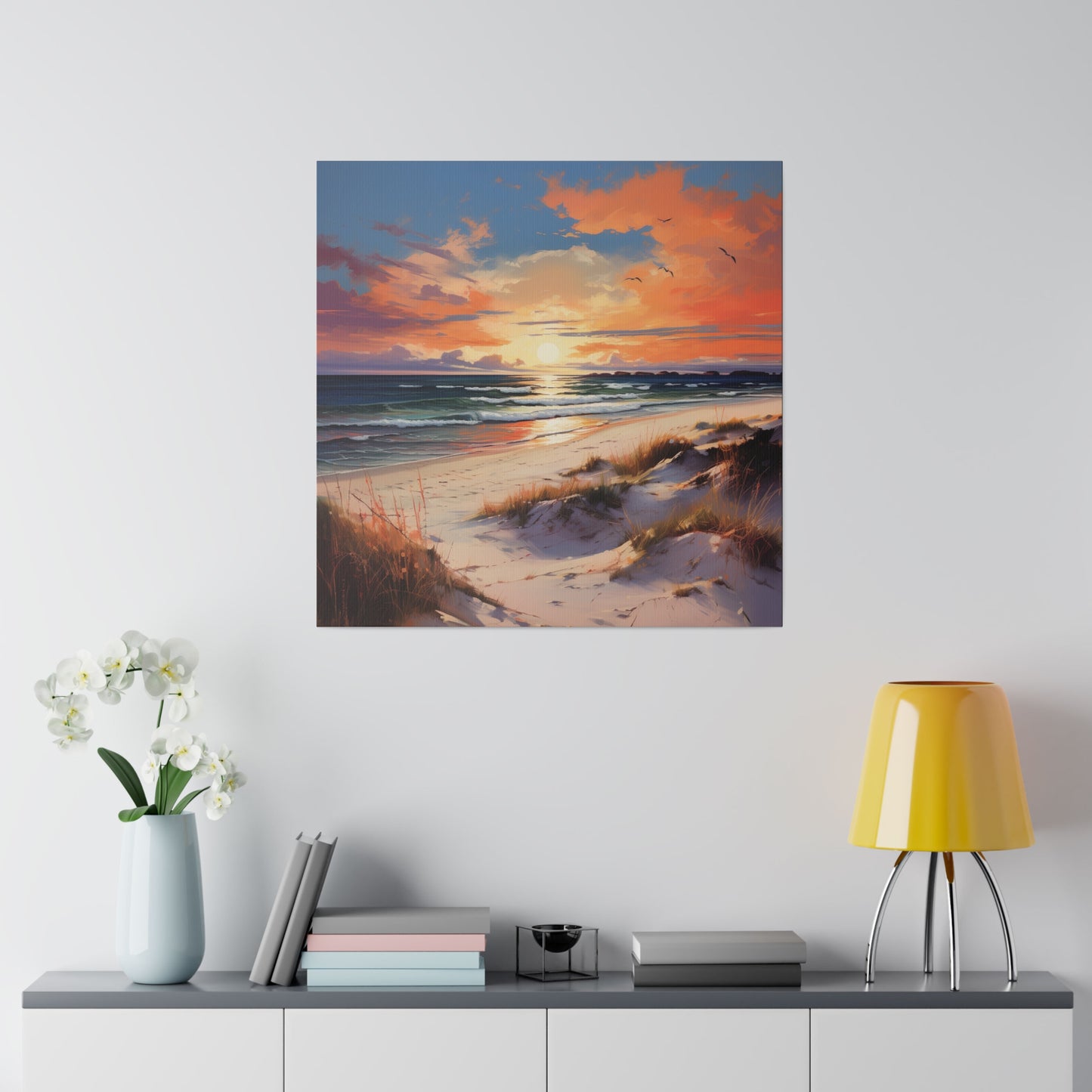 Horizon's Embrace: Sunset Beach, Stretched Matte Canvas