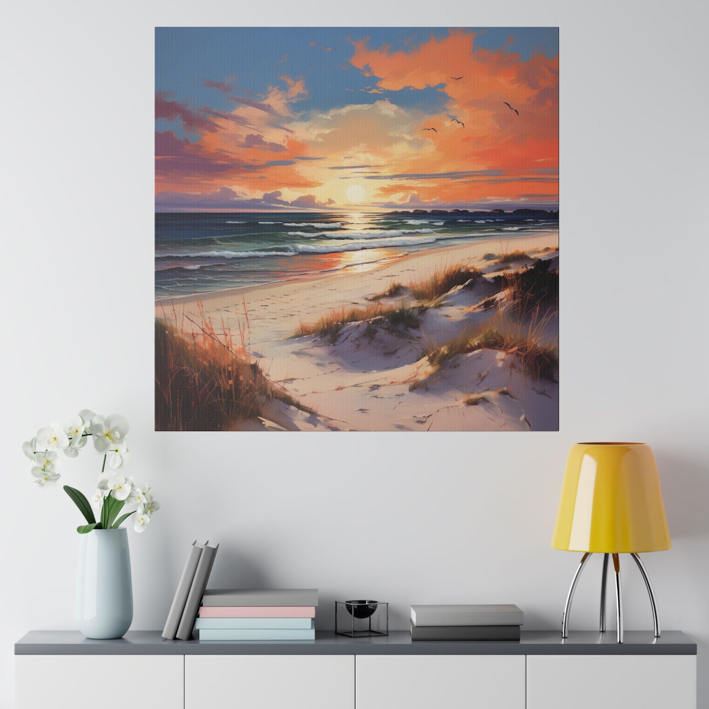 Horizon's Embrace: Sunset Beach, Stretched Matte Canvas