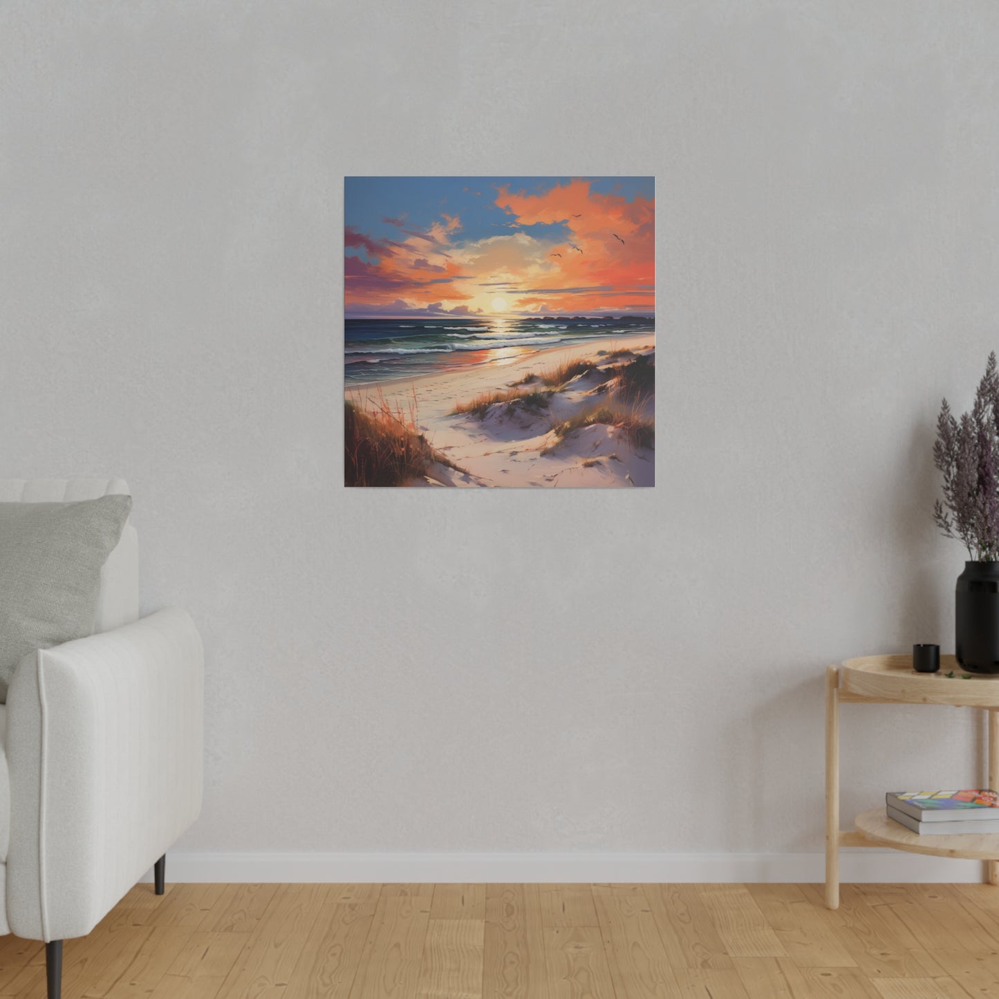 Horizon's Embrace: Sunset Beach, Stretched Matte Canvas